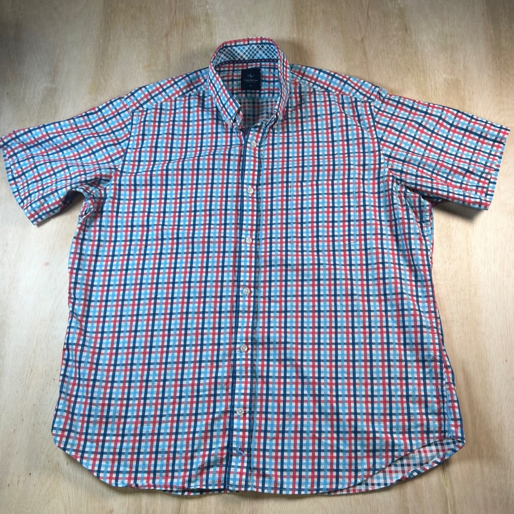 Tailorbyrd Collection Mens XL Short Sleeve Button Down Shirt Red Blue Plaid Logo